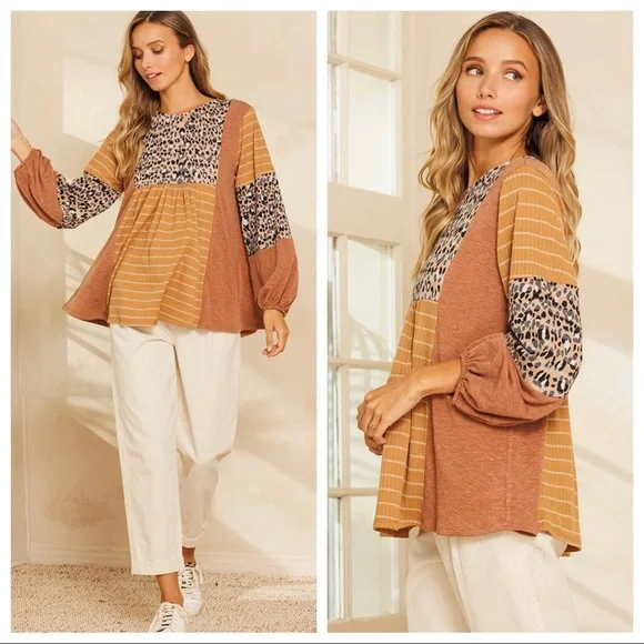 #26 Long Sleeves Color Block Boho Chic Floral Top - Picture 4 of 6